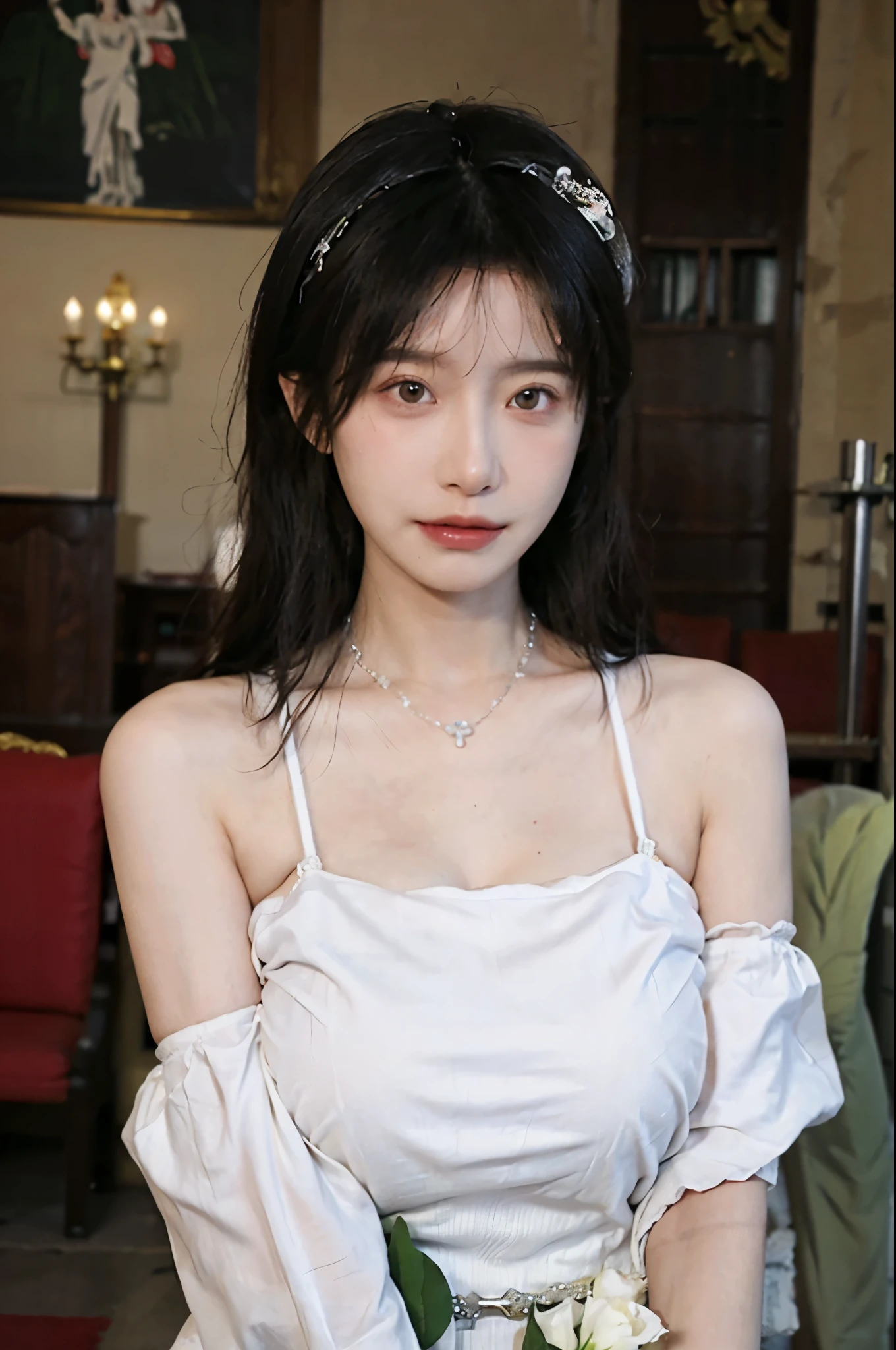 Portrait photography,1 girl,church,White Wedding Dress,White veil,Beautiful wedding dress,Bare shoulders,Lipstick,(Big Breasts:1.6),Shoulder-Length Wavy Hair,Wear a necklace,Headband,serene,calm,(Realistic and detailed eyes,Natural skin texture,Realistic facial details),