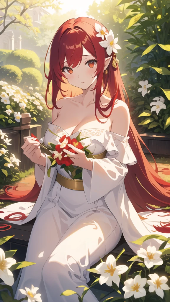 masterpiece, best quality, sunlight, white jasmine, petals, garden, outdoors, 1girl, solo, cleavage, off-shoulder, expressionless, (red hair), long hair, {{{Eye red and gold}}},head flower, (hiten1:0.8), detailed hands