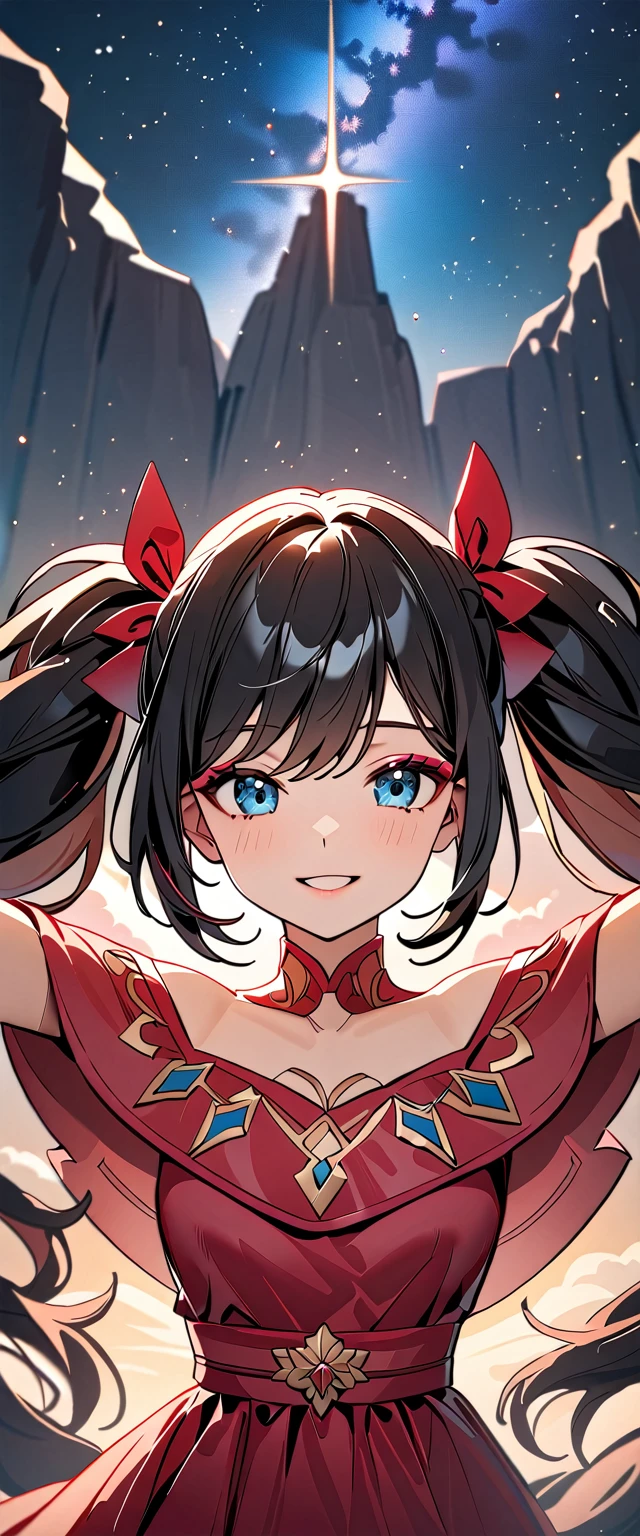 Photo of a high school girl with natural skin, Upper Body, With arms outstretched, Looking at the camera, Smiling, with twin tails and black hair with red mesh, Sharp eyes with blue eyeshadow, Shining eyes, A thin, upturned nose, Well-shaped lips, Off-the-shoulder dress, Decorated clothing, barefoot, Makeup, Exquisitely crafted with the utmost attention to detail, Vibrant, amazing, Smooth, Cinematic, 4K, Backlight, ((Atop a cliff with a beautiful starry sky, Cliff)), Shallow depth of field, ((Detailed eyes:1.3, Detailed lips:1.3, high quality, )), masterpiece, Super detailed images, High quality