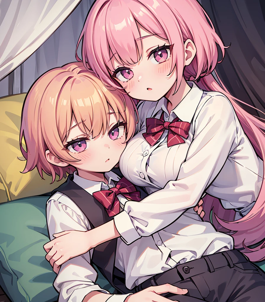 masterpiece, Highest quality, so beautiful, absurdists,High resolution,One girl, One boy,Cuddling in bed, like,sexly,Look at each one, blush,Age difference,bow tie,blondes,chest,Long Hair,Pink Hair,Tucked in shirt,short hair,skirt,Tent shirt,Slut,Big breasted sister and brother,Siblings, trousers,Pushing her big tits against her brother,(My brother's small erect penis),((((姉のvery huge breasts,Sister crushes her big tits in her brother's face)))),(((((Very huge breasts))))),(((((small penis,NSFW,Soft Very HUGE breasts))))),((Bursting Breasts,弟の顔を隠すHuge breasts)),((((((((Huge breasts,Large Breasts,とてもLarge Breasts、すごくLarge Breasts、とてつもなくLarge Breasts)))))))),Two people gazing at each other,puffy nipples
