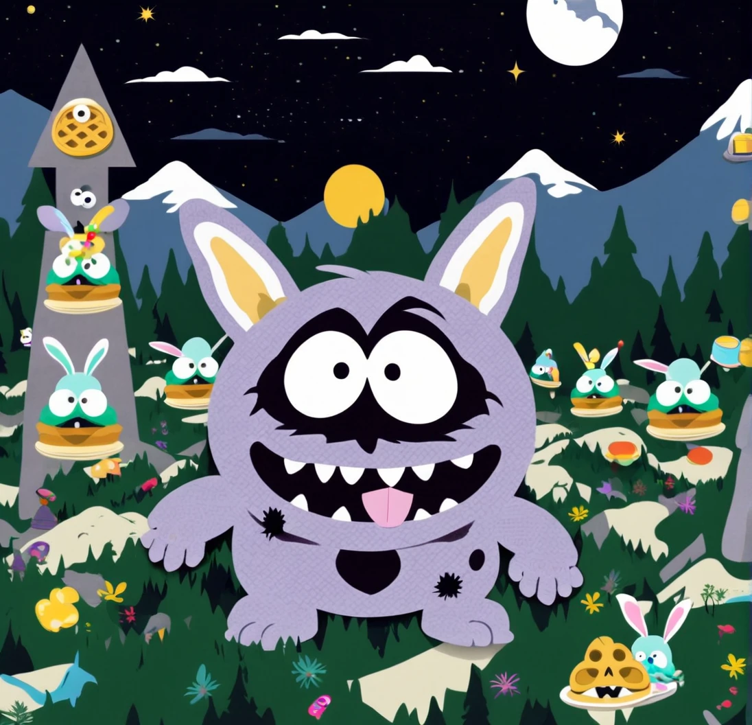 Marble Wafer Monster in Graveyard in the Forest, Circle Eye, Black Eye, Fang, Waffle bunny ear, Evil Happy, Las Vegas, Space Sky
