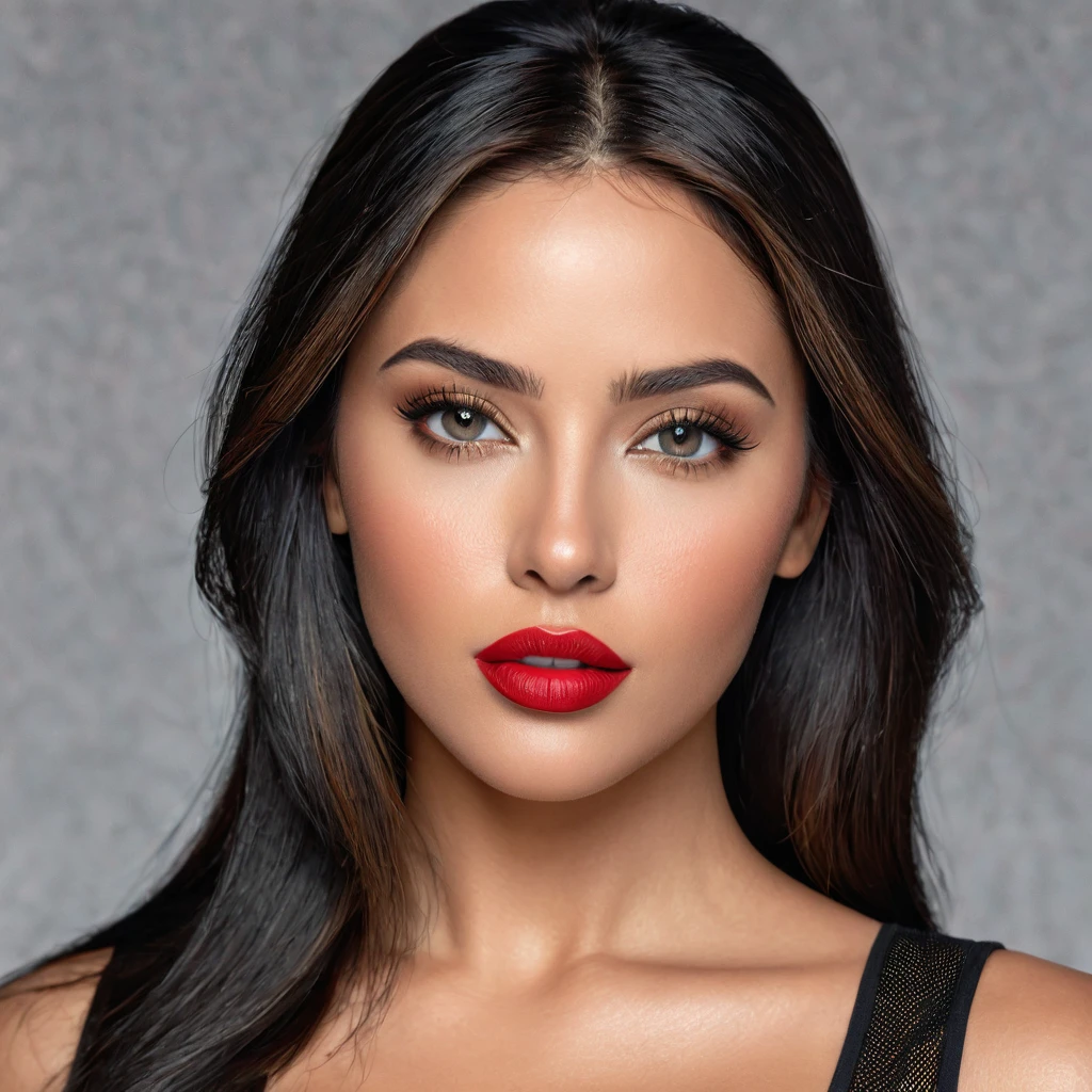 A photoreal close up of a stunning 28-year-old Latina model showcases her oval face, straight black hair, and striking grey eyes. Her beautiful lips with red lipstick accentuate her wheatish skin with light brown tone highlights. Dressed in a chic black top, the image should be full body shot, 8k hdr, high detailed, and focused on capturing her mesmerizing beauty, soft day lighting.