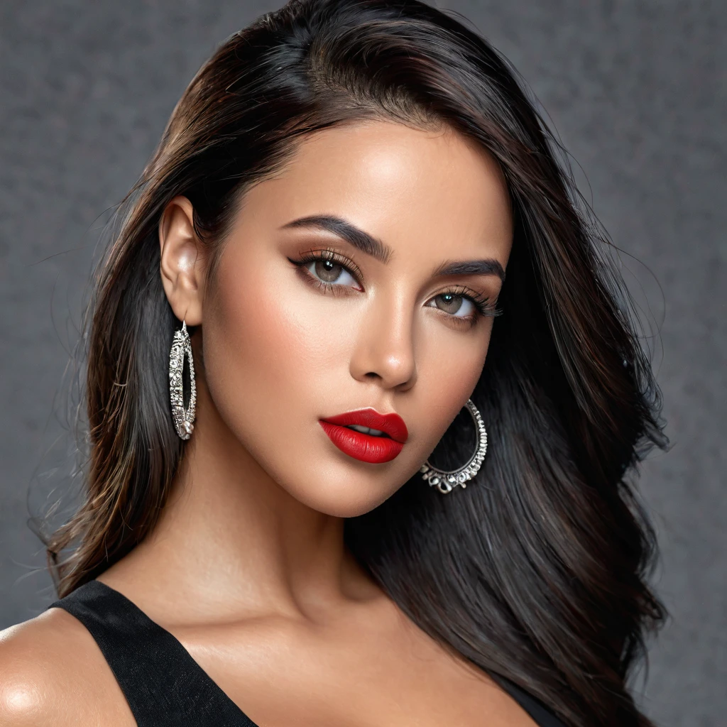 A photoreal close up of a stunning 28-year-old Latina model showcases her oval face, straight black hair, and striking grey eyes. Her beautiful lips with red lipstick accentuate her wheatish skin with light brown tone highlights. Dressed in a chic black top, the image should be full body shot, 8k hdr, high detailed, and focused on capturing her mesmerizing beauty, soft day lighting.
