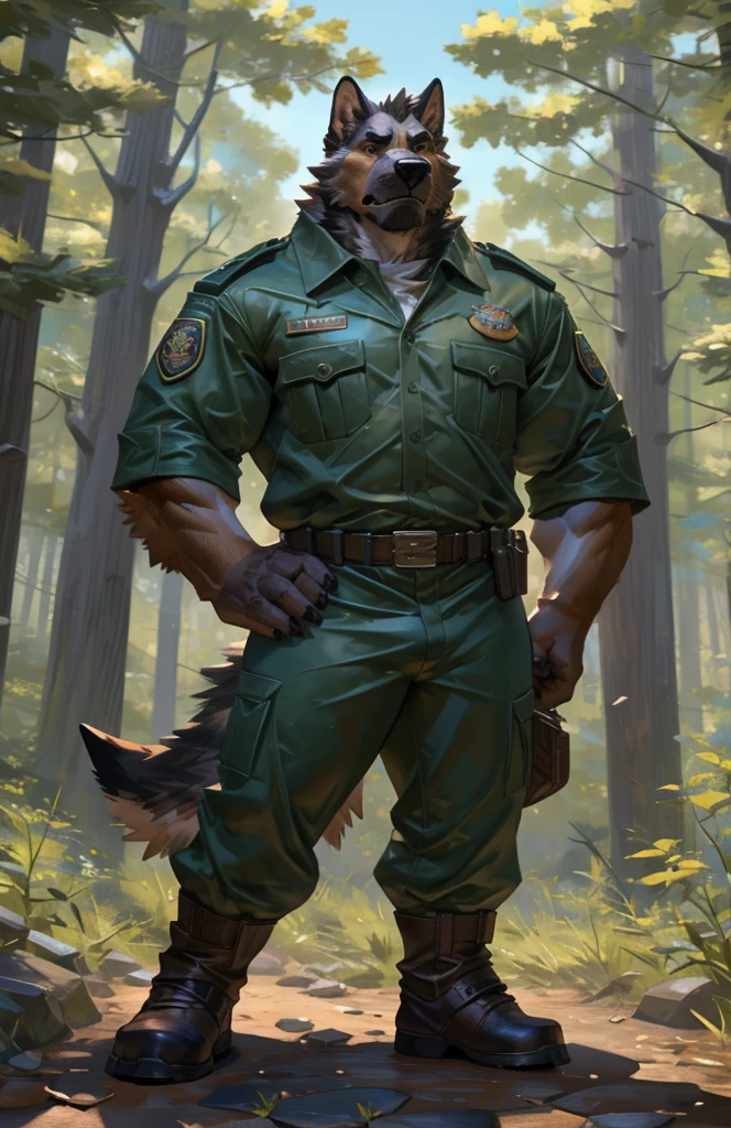 By Taran Fiddler, one man, anthro canine (irish wolfhound), hound dog breed, brown fur, dilf, wrinkly face, bushy eyebrows, wearing park ranger uniform, hands to his hips, stern facial expression, grumpy, standing infront of a ranger tower, wooded forest background