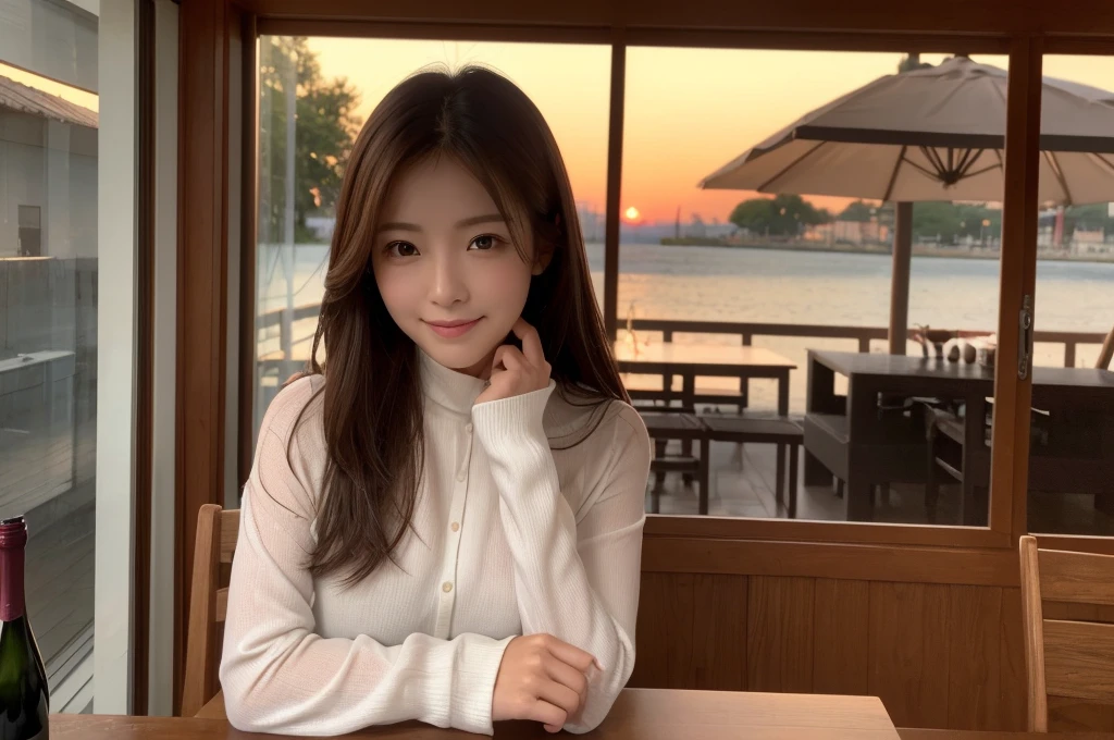 length (lengthueur de la taille:1.2) Highest quality, High resolution, Japanese,((Highest quality、8K、masterpiece:1.3))、男性1名woman1名、43 years old 39 years old、(Brown Hair), (Shortcuts), Slim Beauty、beautifulカップル、Upper Body、smile、Italian、smile、woman、young、Shining Eyes、Big eyes、beauty、beautiful、Transparent Black、camisole、 (Slim face), (the body is スリム), テーブルのフルコースディナーとwine glass、Amazing view of the sunset sky and clouds、smileのbeauty、Wine bottle、sparkling wine、Long sleeve shirt、dress、White wine, red wine, wine glass, beautiful細かな木目, Depth f/2,saturation, High Contrast, Strong light and shadow,Moist Body:1.5、 texture、The hair is very shiny、
