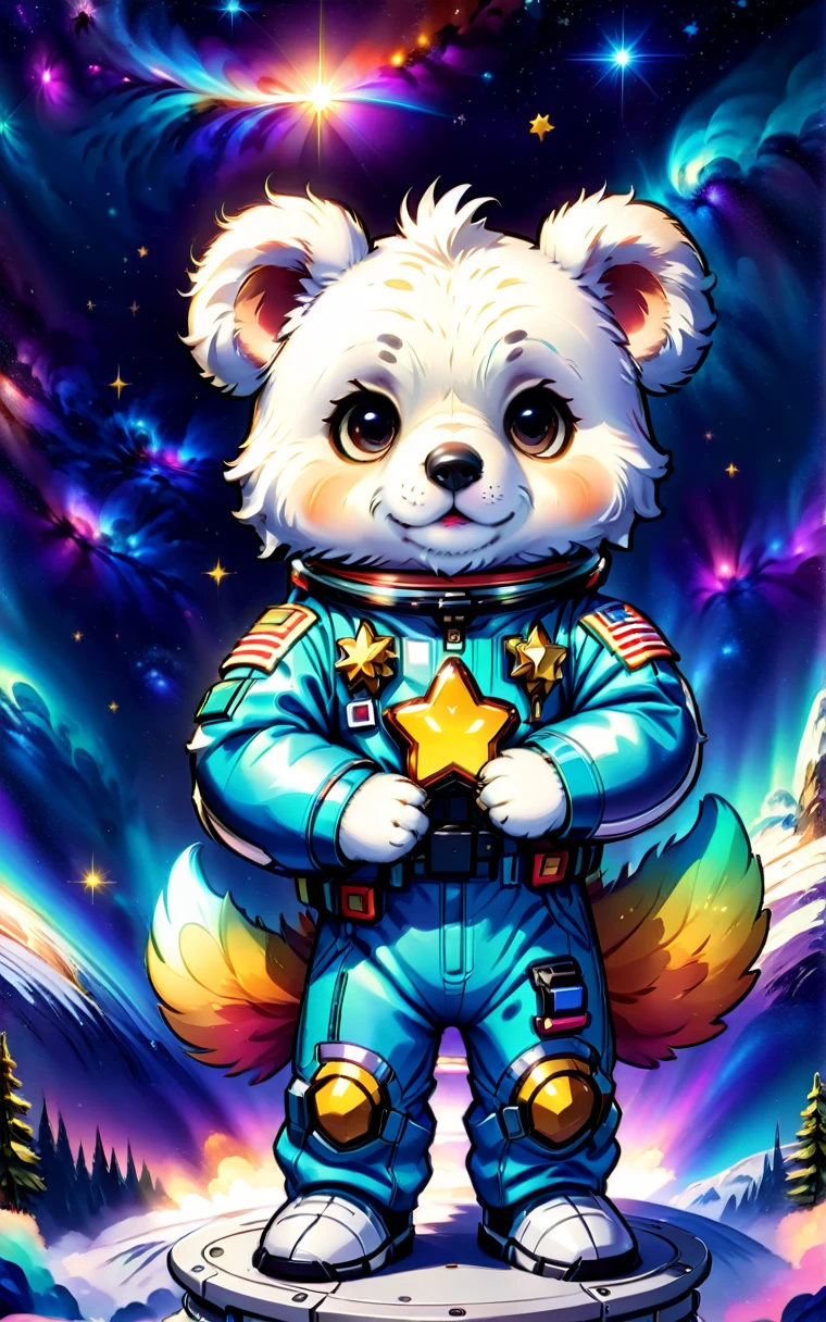 (Cute cartoon style:1.3), (Close up of cute bear sitting and holding stars in his hands), (Full set of cool space suits:1.2)Nice fur, Epic space scenery, Complex design, Vibrant colors, Masterpieces in up to 16K resolution, best quality, Extremely detailed, aesthetics, Cute bear sitting and holding stars.