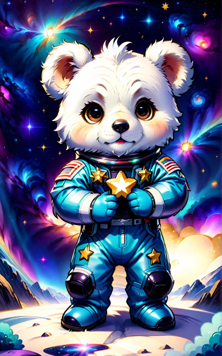 (Cute cartoon style:1.3), (Close up of cute bear sitting and holding stars in his hands), (Full set of cool space suits:1.2)Nice fur, Epic space scenery, Complex design, Vibrant colors, Masterpieces in up to 16K resolution, best quality, Extremely detailed, aesthetics, Cute bear sitting and holding stars.