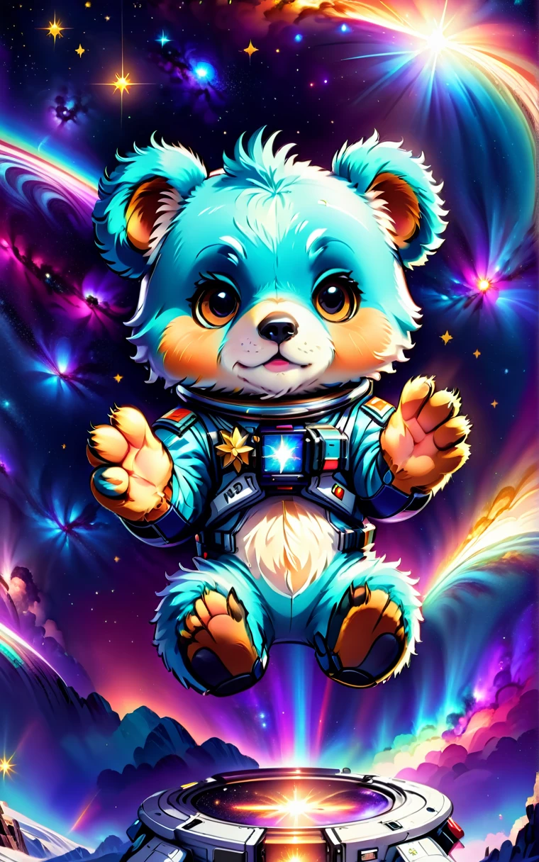 (Cute cartoon style:1.3), (Close up of cute bear sitting and holding stars in his hands), (Full set of cool space suits:1.2)Nice fur, Epic space scenery, Complex design, Vibrant colors, Masterpieces in up to 16K resolution, best quality, Extremely detailed, aesthetics, Cute bear sitting and holding stars.