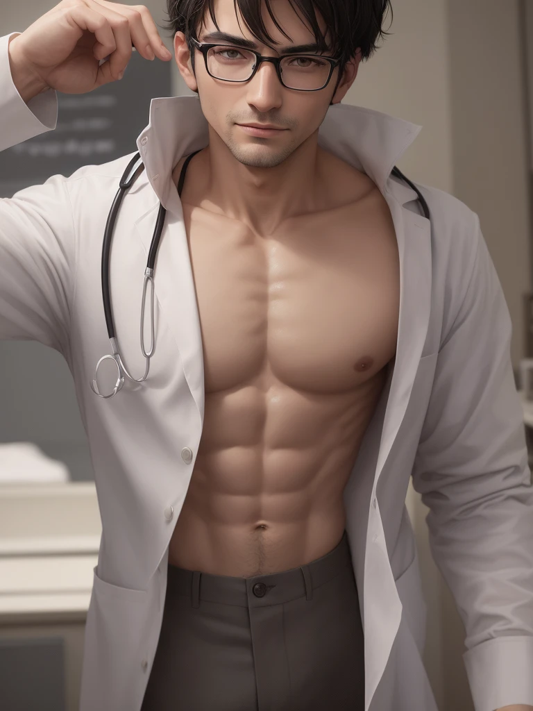 A dark haired man, wears glasses, clear skin, Slim and muscular, He is a doctor and he is wearing a doctor's coat and shows his beautiful naked torso. He is in a hospital room. The stage is bright. 4k complex details