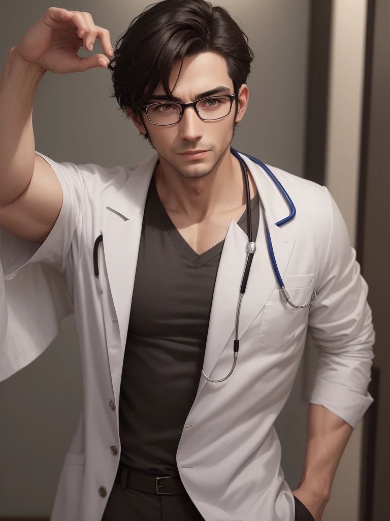 A dark haired man, wears glasses, clear skin, Slim and muscular, He is a doctor and he is wearing a doctor&#39;s coat and shows his beautiful naked torso. He is in a hospital room. The stage is bright. 4k complex details