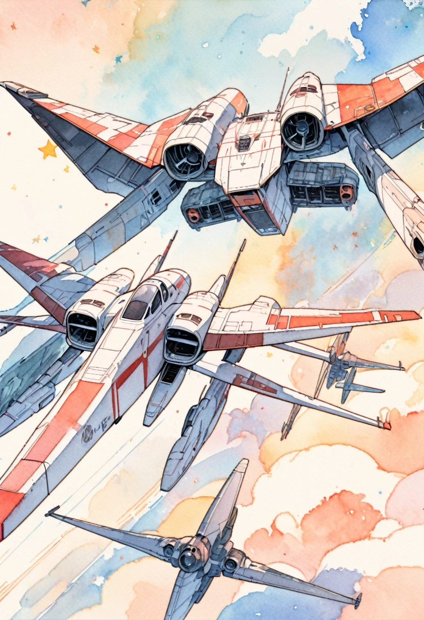 (masterpiece),(best quality),(Very detailed),(high resolution),((Line Art)),((watercolor)),8K,wallpaper,X-wing,Star Wars,((universe)),Dynamic