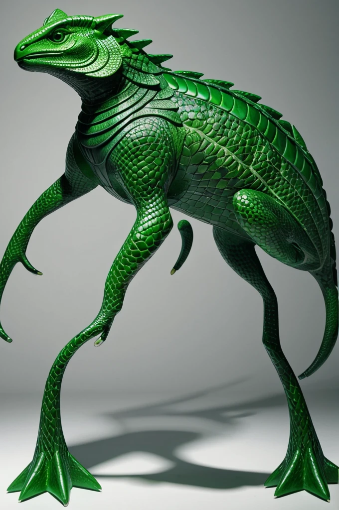 A 3-legged animal with a green body and scales.