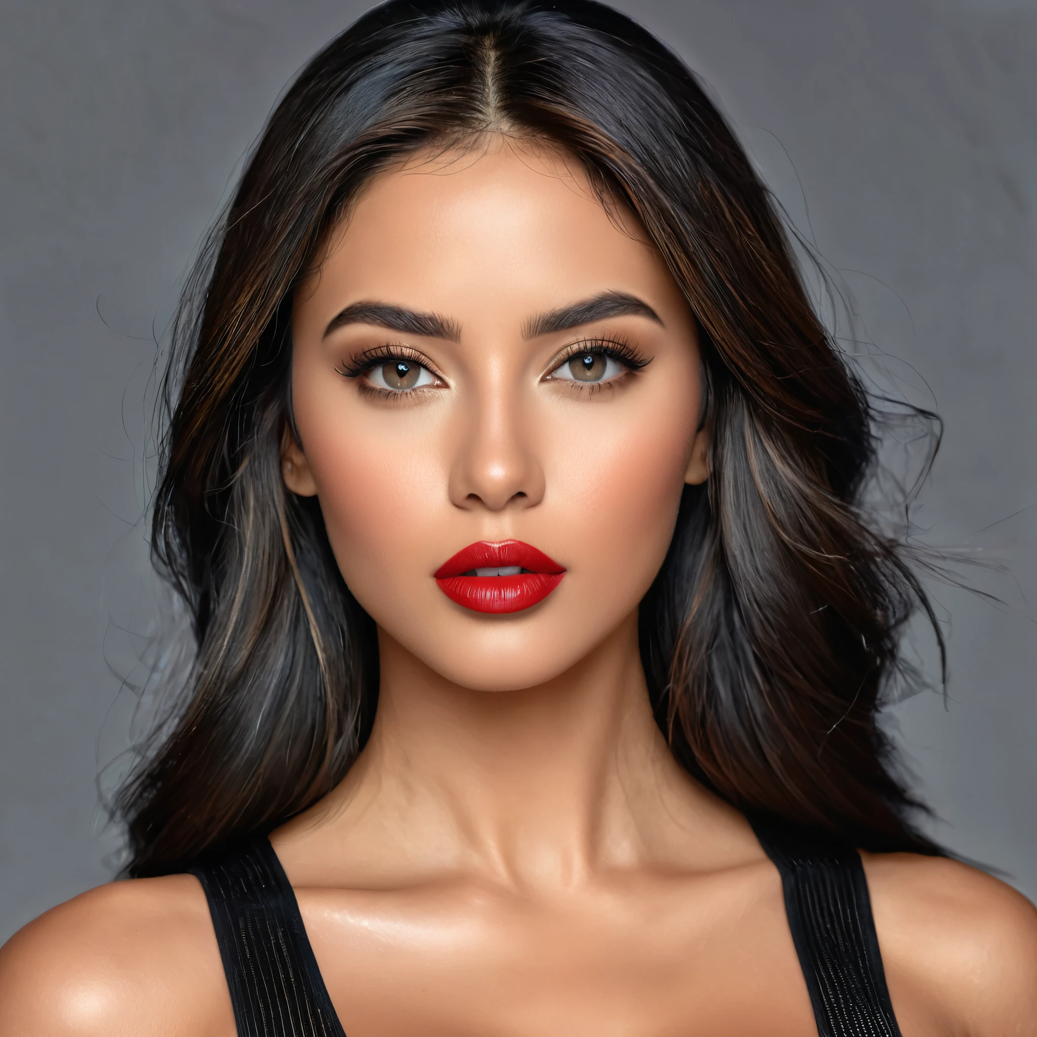 A photoreal close up of a stunning 28-year-old Latina model showcases her oval face, straight black hair, and striking grey eyes. Her beautiful lips with red lipstick accentuate her wheatish skin with light brown tone highlights. Dressed in a chic black top, the image should be full body shot, 8k hdr, high detailed, and focused on capturing her mesmerizing beauty, day lighting.