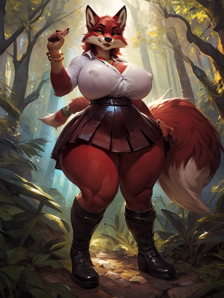 mature female, furry fox, vixen, (dark red fur:1.6), pleated skirt, blouse, leather boots, [red lips], (huge breasts), nipple outline, (thick thighs), huge ass, hyper hips, narrow waist, hourglass figure, no hair, golden eyes, necklace, bracelets, magical forest, sexy pose, masterpiece, highres, 4k, by darkgem,
