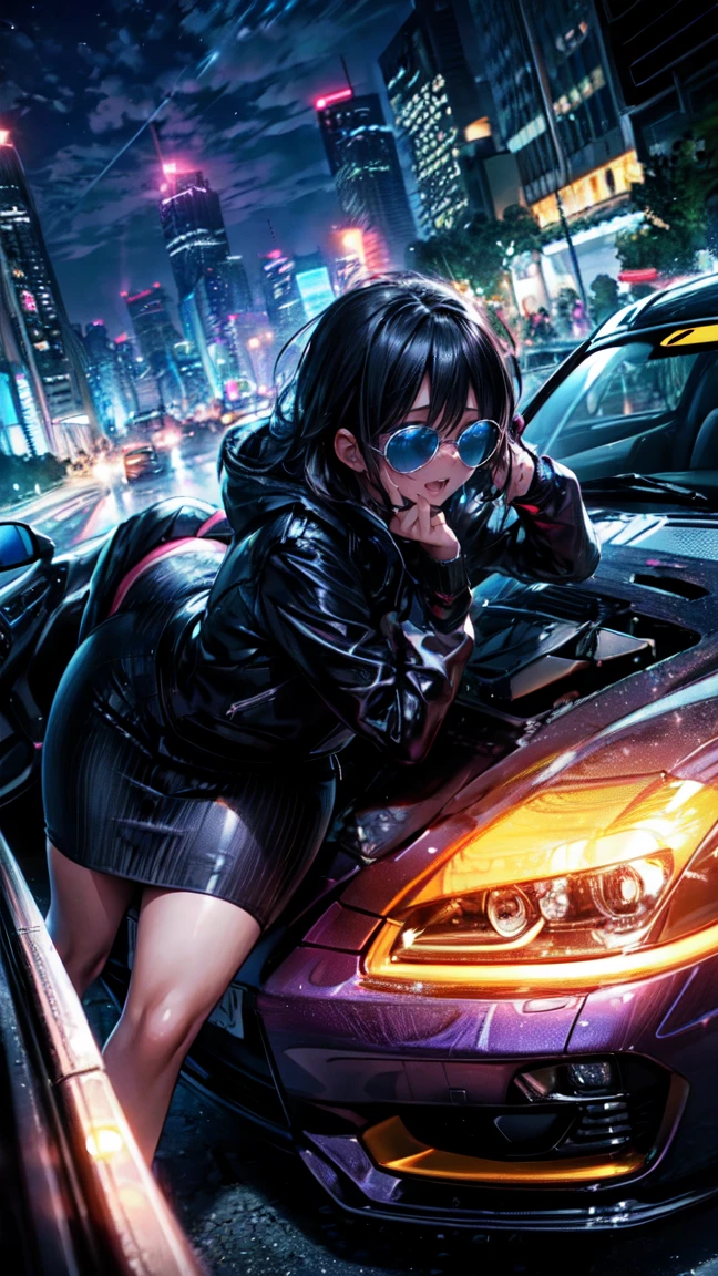 One Woman Car sex Big Butt Feeling face Inside the car at night Girls who love sex Happy face sunglasses Blushing and embarrassed Outdoor Exposure sports car