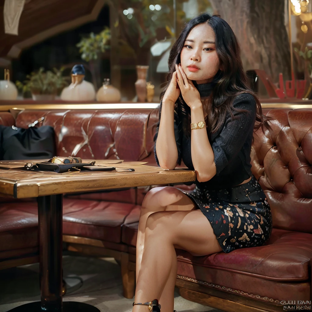 there is a woman, pretty lady MoonLay, sitting on a red couch with a purse, portrait shot, high - end fashion photoshoot, beautiful asian woman sitting, by Galen Dara, mai anh tran, by Emma Andijewska, photo portrait, gorgeous lady, elegant pose, by derek zabrocki, elegant look, photo taken with nikon d750, very sharp