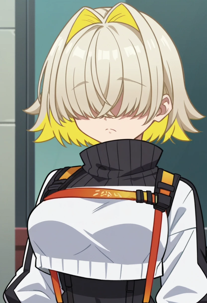 score_9, score_8_up, score_7_up, source_anime, anime_screencap, 1girl, black sweater, hair covering eyes, multicolor hair, short hair, cropped jacket, white shirt, suspenders,