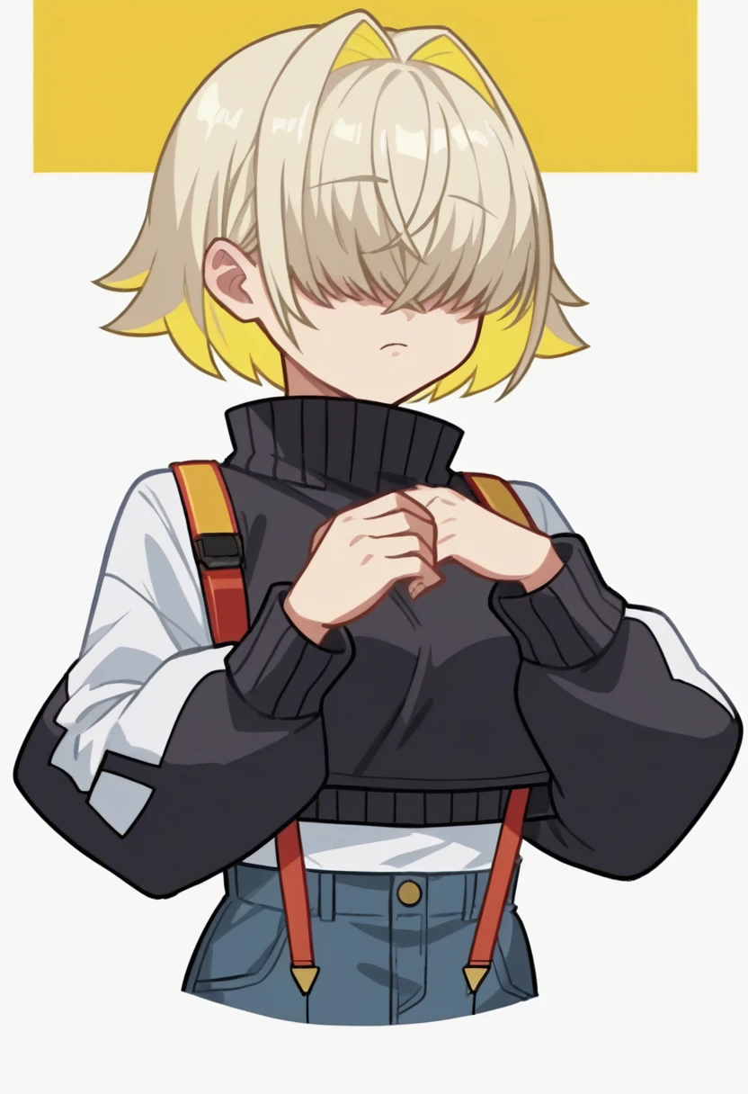 score_9, score_8_up, score_7_up, source_anime, anime_screencap, 1girl, black sweater, hair covering eyes, multicolor hair, short hair, cropped jacket, white shirt, suspenders,