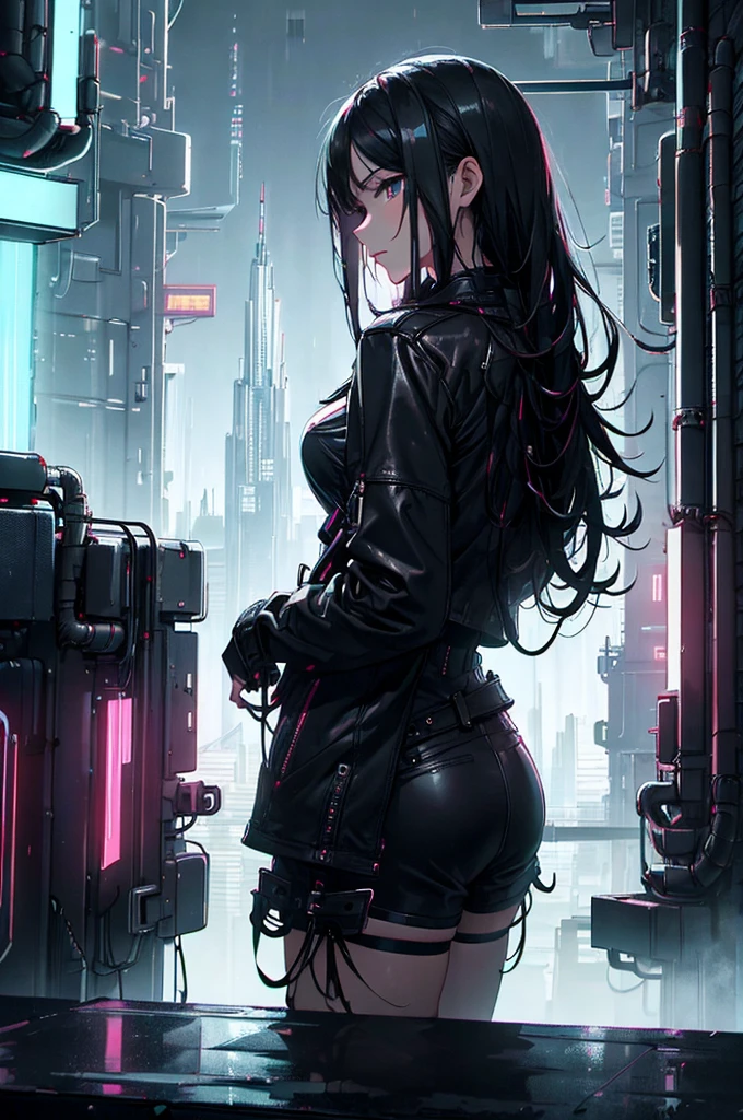 (masterpiece, best quality), 8K, 1girl, black long hair, expressive eyes, wearing leather jacket and leather shorts, sits on the top floor of a skyscraper, hesitantly looking at the cityscape, rainy day, hazy sky, cyberpunk city, neon city lights