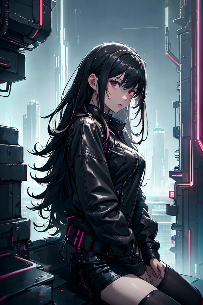 (masterpiece, best quality), 8K, 1girl, black long hair, expressive eyes, wearing leather jacket and leather shorts, sits on the top floor of a skyscraper, hesitantly looking at the cityscape, rainy day, hazy sky, cyberpunk city, neon city lights