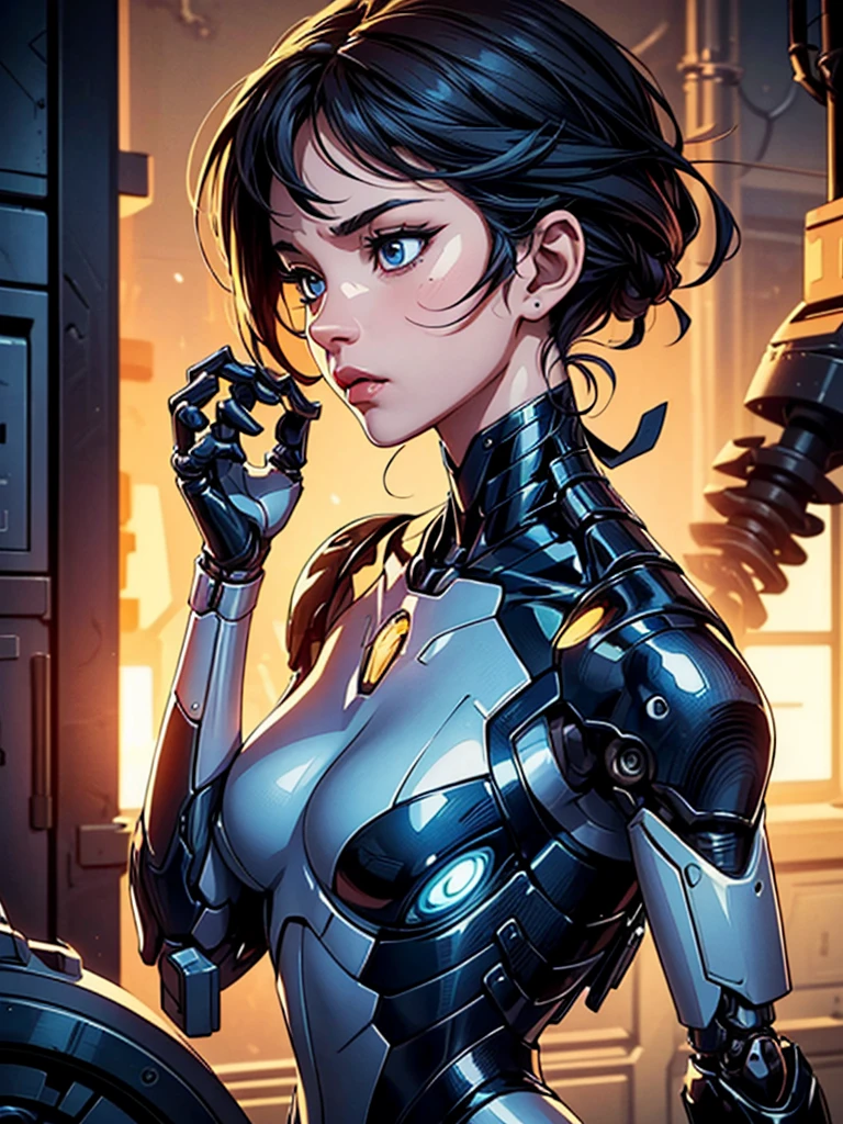 (((masterpiece))), (((best quality))), ((ultra-detailed)), (highly detailed CG illustration), ((an extremely delicate and beautiful)),cinematic light,((1mechanical girl)),solo,(cowboy shot:1.2),(machine made joints:1.2),((machanical limbs)),(mechanical vertebra attaching to back),((mechanical cervial attaching to neck)),expressionless,,(character focus),science fiction,extreme detailed,colorful,highest detailed, loongs,fengs,background,, sultry look, seductive,
