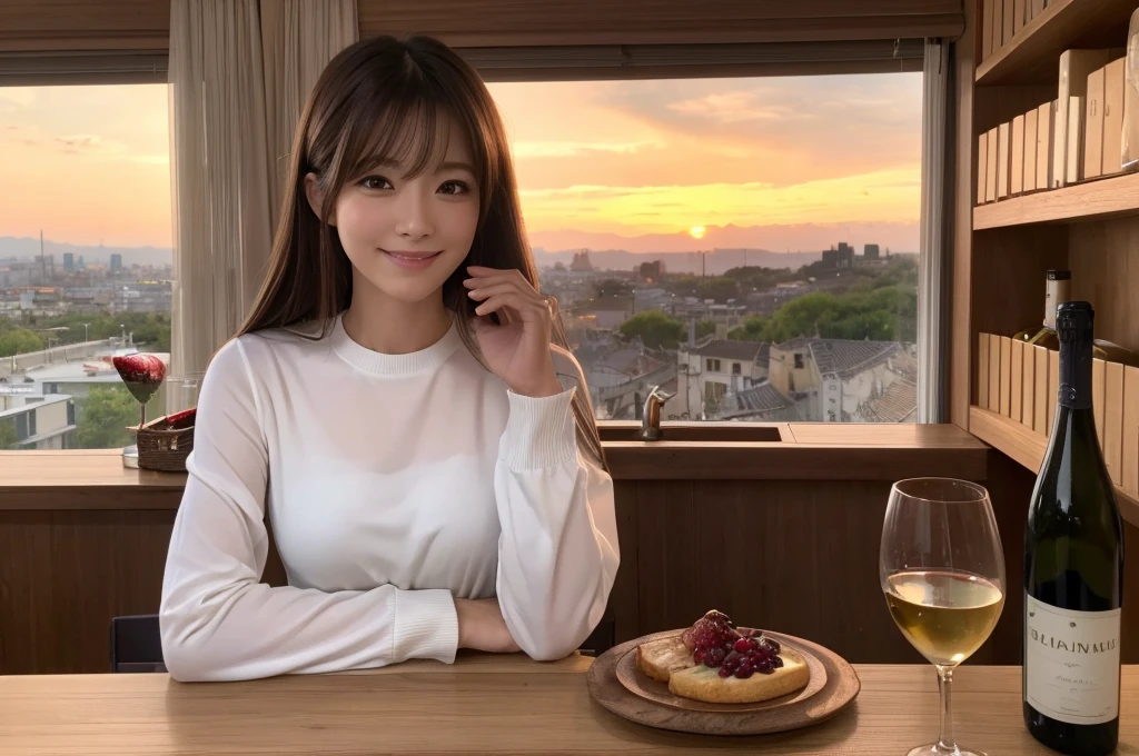 length (lengthueur de la taille:1.2) Highest quality, High resolution, Japanese,((Highest quality、8K、masterpiece:1.3))、男性1名woman1名、43 years old 39 years old、(Slim face), (the body is スリム), (Brown Hair), (Shortcuts), Slim Beauty、beautifulカップル、Upper Body、smile、Italian、French、smile、woman、young、Shining Eyes、Big eyes、beauty、beautiful、Transparent Black、camisole、 テーブルのフルコースディナーとwine glass、Amazing view of the sunset sky and clouds、smileのbeauty、Wine bottle、sparkling wine、Long sleeve shirt、dress、White wine, red wine, wine glass, beautiful細かな木目, Depth f/2,saturation, High Contrast, Strong light and shadow,Moist Body:1.5、 texture、The hair is very shiny、