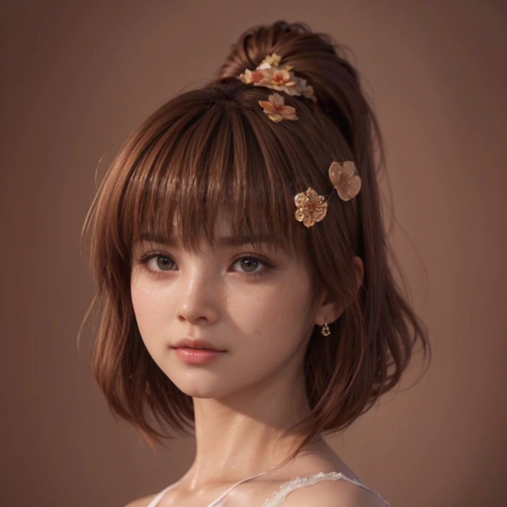 Kasumi, brown eyes, (best quality, ultra-detailed), (realistic:1.37), beautiful and detailed face, ultra-realistic texture, delicate face, delicate body, red lipstick, bright colors. High definition, 8K