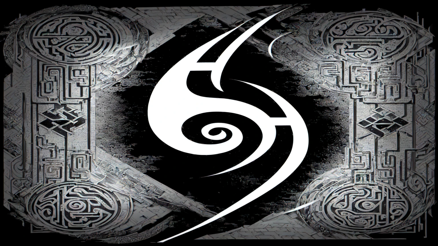a black and white photograph of a stylized design with a spiral design, ancient Symbol behind it, Maze, fantasy game spell Symbol, neotribal, infinite glyph, secrecy, sarenrae, sakimi, tribal, symmetrical conceptual art, chthonic, Symbol, highly detailed official artwork, harmony of, with silver runes