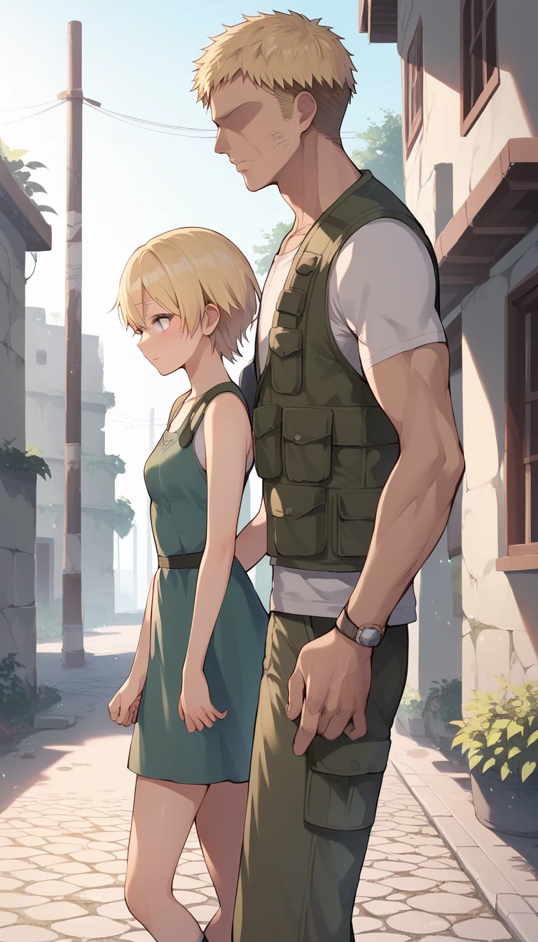 score_9, score_8_up, score_7_up, source_anime BREAK 
1girl, 14yo, _young, from side, small breasts, (girl dirty casual dress), holding hand in another's hand, blonde short hair, grey eyes, sad face, town ruins, outdoors, walking, ((size difference:1.5)), faceless male, male face out of frame, (male cargo vest, pants)