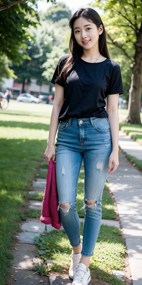 (Best quality:1.4),Intricate details,20-year-old Korean girl,Wear a loose black T-shirt and skinny jeans,Stand on the grass and take pictures,Detailed meadow,Sweet smile,Ultra-realistic facial details,coquettish pose,Slender calves:1.2,Wear colorful canvas shoes:1.0,Full body image:1.5