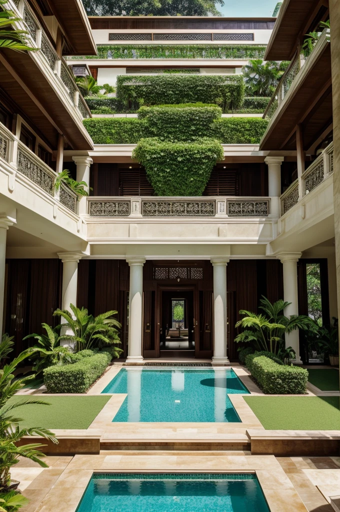 "A luxurious and grand bungalow inspired by Antilia, featuring an impressive and massive entrance gate capable of accommodating large vehicles. The property includes a beautifully landscaped garden with vibrant flowers and lush greenery, and a spacious swimming pool surrounded by elegant lounge chairs. The building itself is a modern 4-floor structure with unique and rare architectural details, boasting a stunning appearance both inside and out. The interior is opulently designed with
