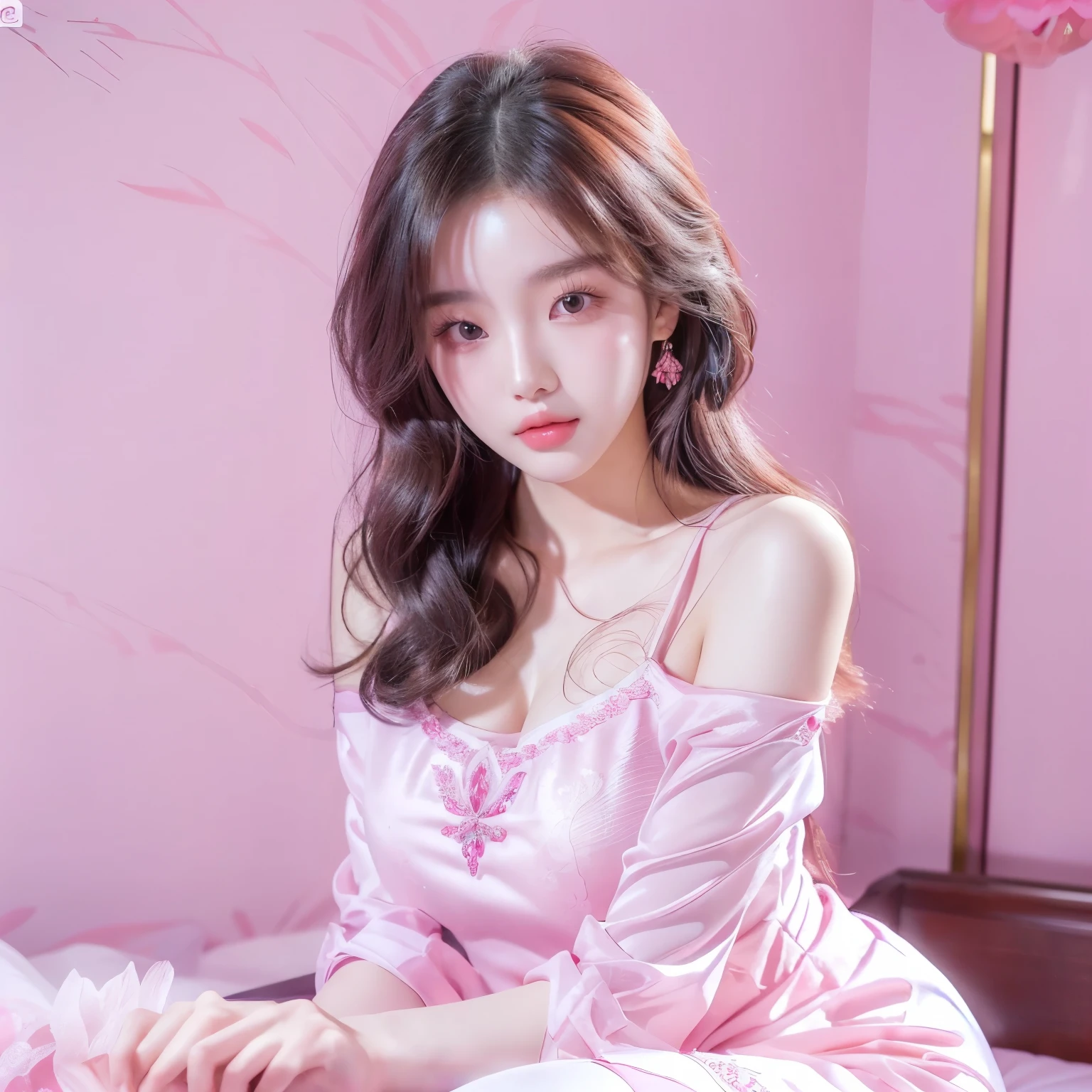A woman in a pink dress sitting on the bed, Beautiful Chinese model, Beautiful young Korean woman, xintong chen, Chinese Girl, 2 4-year-old female model, Young and beautiful Korean woman, Smooth white tights set, Full body fairy, Instagram Models, Beautiful Korean woman, Korean Girl, Popular content on cgstation, xision wu