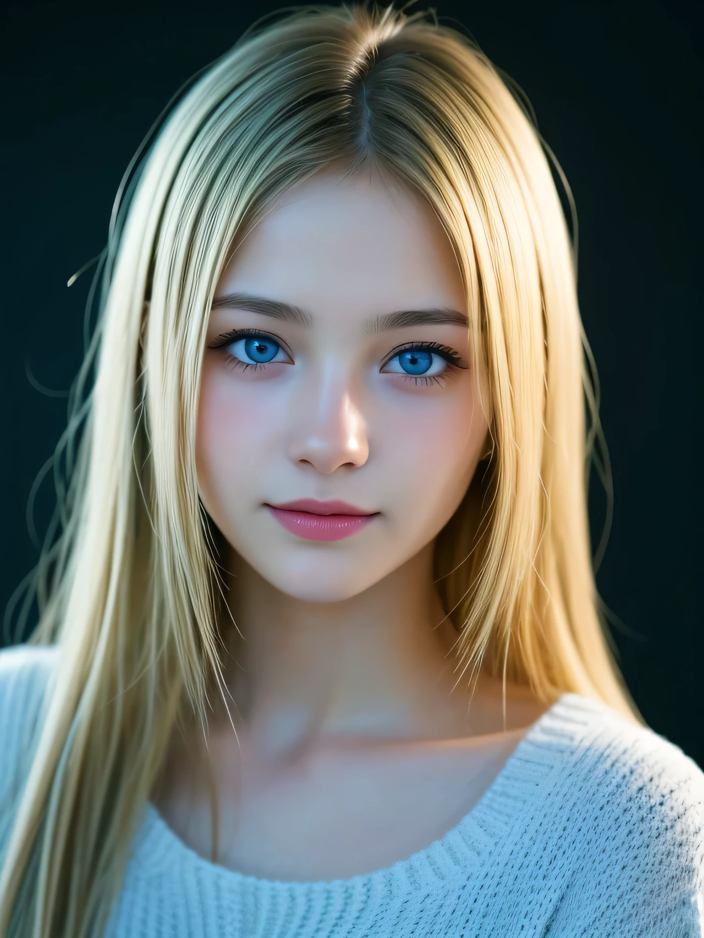 (Photo Real:1.4), (hyper realisitic:1.4), (Smooth lighting:1.05), 1 girl, teenager, blue eyes, happy, shy, smile, (looking away:1.2), Close-up of the face, Soft lighting, Back lighting, (Finest Real Textured Skins), Super fine face, glowy skin, retinas, Anatomically correct, (Blonde Wavy medium hair:1.1), bangs, Textured skin, High quality, high details, Best Quality, High resolution, sweater
