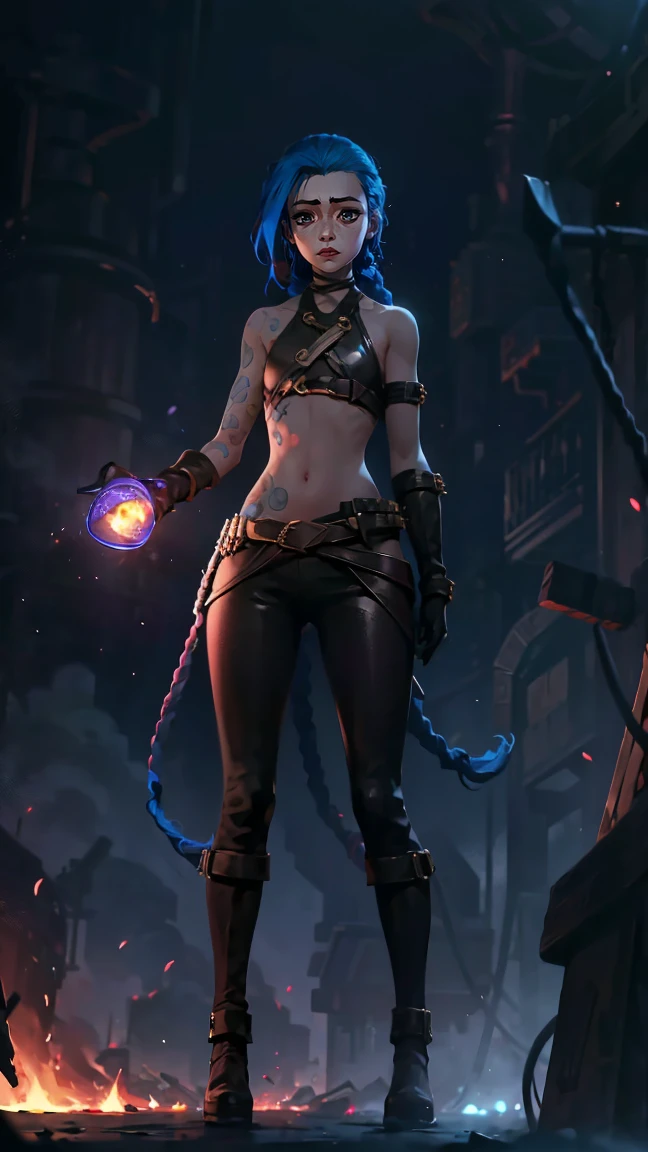(masterpiece, Best quality), 1 girl, portrait, very sexy, crazy look, smile, crying, pink tears, tears on the cheeks, tears from eyes, full length (full body 1.1.), очень feminine, fighting stance, battle, fire, explosions, burning city, Beautiful waist, gloomy composition, flame, fire, Flash, very beautiful, feminine, long hair, hair braided in long braids, very sexy, tight leather pants, emphasis on the eyes, emphasis on the face, Beautiful face, Hands, Hair, Haired ponytail, red purple eyes, Джинкс crying, Blue cloud tattoo, (masterpiece, Best quality), Side lighting, beautiful detailed eyes, crazy face), (Best quality), (masterpiece), magic photography, Spectacular lighting, Photorealism, ultra detailed, интимная portraitная композиция, 1. 4,8 k UHD, aesthetic, Cd., A high resolution, 8 k, better lighting, Best shade, Ultra-HD, A high resolution, sharp focus, Complex background, Cinematic lighting, ((Landscape view)), 4K block, (better lighting), ((Cinematic lighting)),