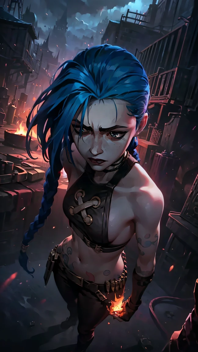 (masterpiece, Best quality), 1 girl, portrait, very sexy, crazy look, smile, crying, pink tears, tears on the cheeks, tears from eyes, full length (full body 1.1.), очень feminine, fighting stance, battle, fire, explosions, burning city, Beautiful waist, gloomy composition, flame, fire, Flash, very beautiful, feminine, long hair, hair braided in long braids, very sexy, tight leather pants, emphasis on the eyes, emphasis on the face, Beautiful face, Hands, Hair, Haired ponytail, red purple eyes, Джинкс crying, Blue cloud tattoo, (masterpiece, Best quality), Side lighting, beautiful detailed eyes, crazy face), (Best quality), (masterpiece), magic photography, Spectacular lighting, Photorealism, ultra detailed, интимная portraitная композиция, 1. 4,8 k UHD, aesthetic, Cd., A high resolution, 8 k, better lighting, Best shade, Ultra-HD, A high resolution, sharp focus, Complex background, Cinematic lighting, ((Landscape view)), 4K block, (better lighting), ((Cinematic lighting)),
