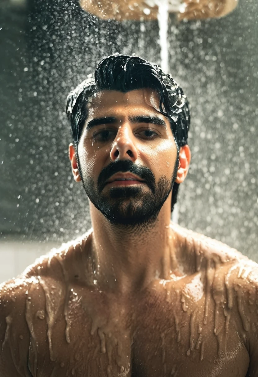 A 3 mans photography, dark gym team shower, ((sacha dhawan a man taking hot shower alone)), not looking into camera, (natural skin, natural texture), ((((lots of mist)))), soft cinematic light, adobe lightroom, photolab, intricate, highly detailed, sharp focus, ((((cinematic look)))), insane details, intricate details, detailed, low contrast, soft cinematic light, exposure blend, dim colors, dim light, eyes closed and both 3 man's are were only wet black trunk underwear