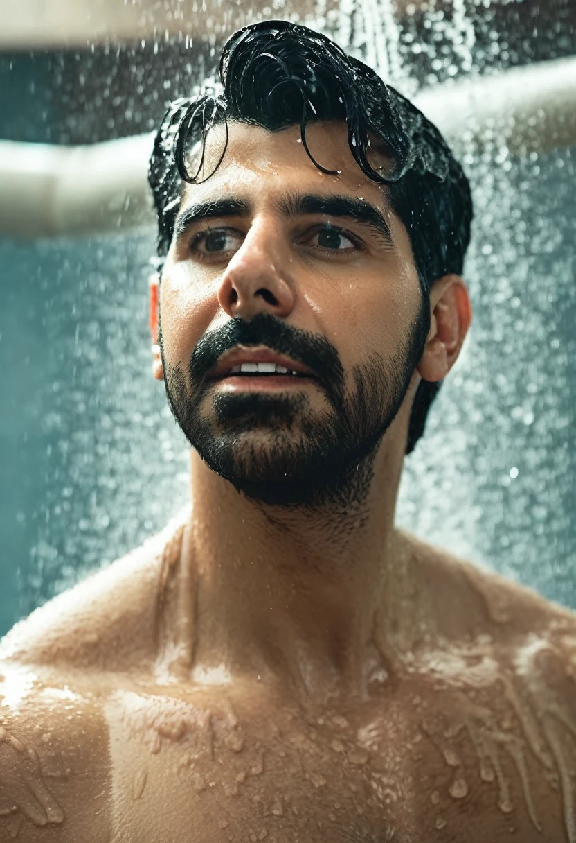 A 3 mans photography, dark gym team shower, ((sacha dhawan a man taking hot shower alone)), not looking into camera, (natural skin, natural texture), ((((lots of mist)))), soft cinematic light, adobe lightroom, photolab, intricate, highly detailed, sharp focus, ((((cinematic look)))), insane details, intricate details, detailed, low contrast, soft cinematic light, exposure blend, dim colors, dim light, eyes closed and both 3 man's are were only wet black trunk underwear