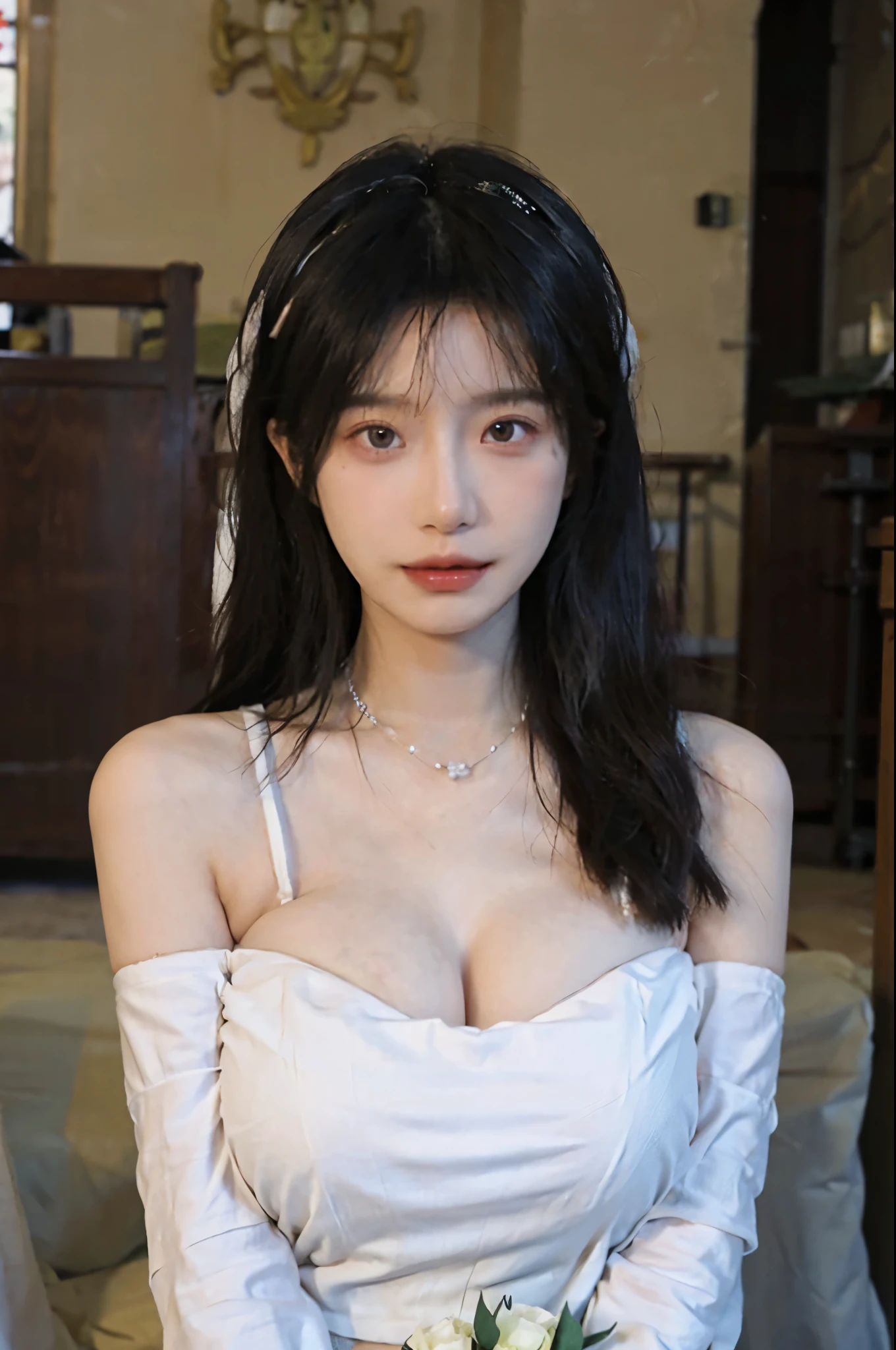 Portrait photography,1 girl,church,White Wedding Dress,White veil,Beautiful wedding dress,Bare shoulders,Lipstick,(Big Breasts:1.6),Shoulder-Length Wavy Hair,Wear a necklace,Headband,serene,calm,(Realistic and detailed eyes,Natural skin texture,Realistic facial details),