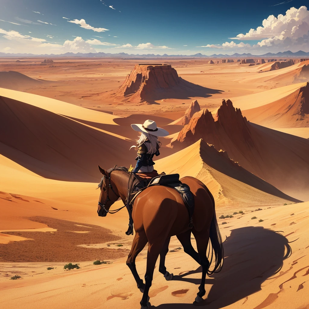 ((((No humans))))、Yellow sand in the sky，The background is a vast desert, Desert Oasis，Rich colors，デジタルLandscape painting, Detailed Landscape — Width 672, Landscape painting, Environmental Design Illustration, Landscape painting 詳細, Desert Oasis landscape, Concept Art, Highly detailed digital art in 4K, 4K Digital Painting, 4K Digital Painting, Amazing digital illustrations, Desert Background, デジタルペインティングConcept Art, Detailed digital painting, Inspired by Christophe Vaché、From below、(From the back、Back view、back view)、Small person＝Knight on Horse
