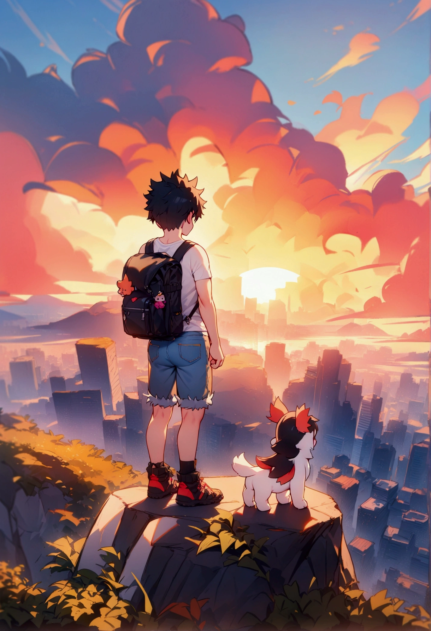best quality, masterpiece, 8K, HD, chibi, a young man with short spiky hair, wearing plain white tank top and ripped denim booty shorts, camping backpack, standing on edge of very high cliff, barking puppy beside him, metropolitan city in the background, sunrise, back view, vibrant colors, full body, highly detailed