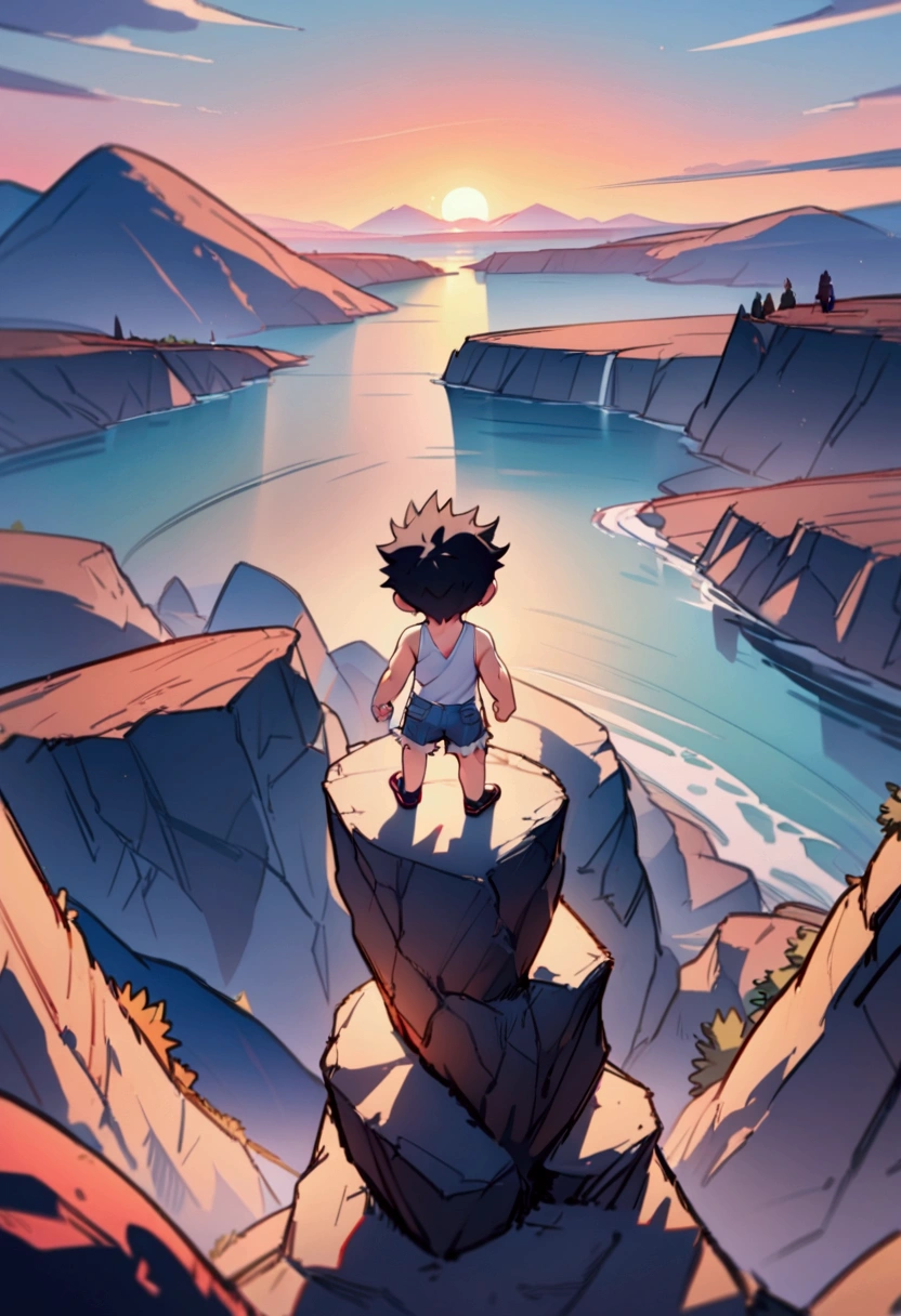 best quality, masterpiece, 8K, HD, chibi, a young man with short spiky hair, wearing plain white tank top and ripped denim booty shorts, camping backpack, standing on edge of very high cliff, barking puppy beside him, metropolitan city in the background, sunrise, back view, vibrant colors, full body, highly detailed