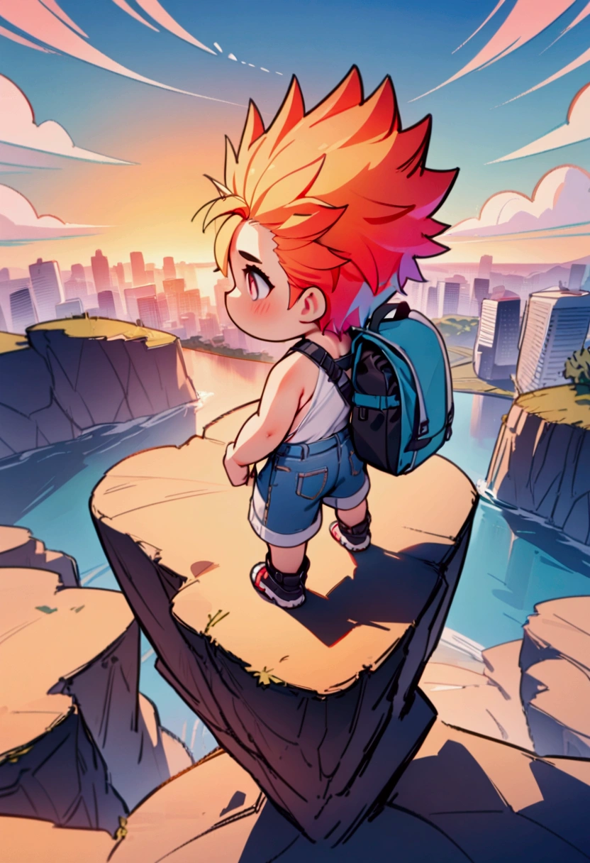 best quality, masterpiece, 8K, HD, chibi, a young man with short spiky hair, wearing plain white tank top and ripped denim booty shorts, camping backpack, standing on edge of very high cliff, barking puppy beside him, metropolitan city in the background, sunrise, back view, vibrant colors, full body, highly detailed