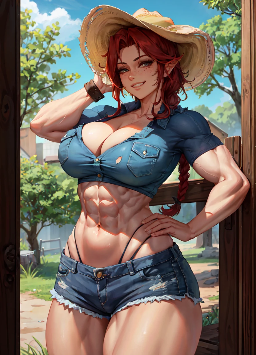 1girl, beautiful, perfect lighting, muscular, thick thighs, mature female, milf, navel, abs, looking at viewer (masterpiece, high quality:1.1) ,cowboy hat,body freckles,barn,pale skin,red hair, braid, ,short shorts,plaid shirt, skindentation, cleavage,grin