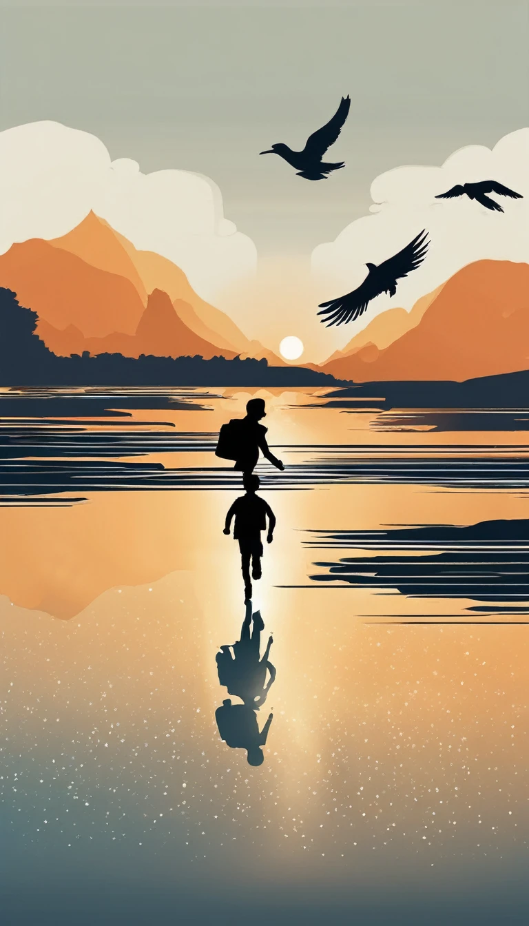 Create a modern, minimalistic logo design for a brand about music and movies called " Penamemoria". The logo must be in minimalistic style and convey a sense of storytelling, dreams and memories. The logo is the silhouette of a boy viewed from the back. The boy is running with open arms, happy and holding an acoustic guitar in the right hand and a bird feather in the left hand while running into the horizon.