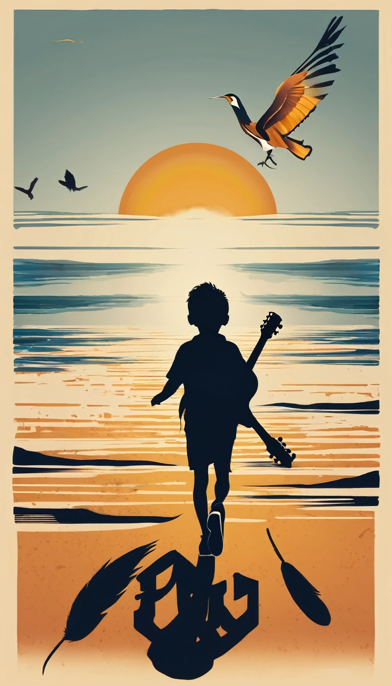 Create a modern, minimalistic logo design for a brand about music and movies called " Penamemoria". The logo must be in minimalistic style and convey a sense of storytelling, dreams and memories. The logo is the silhouette of a boy viewed from the back. The boy is running with open arms, happy and holding an acoustic guitar in the right hand and a bird feather in the left hand while running into the horizon.