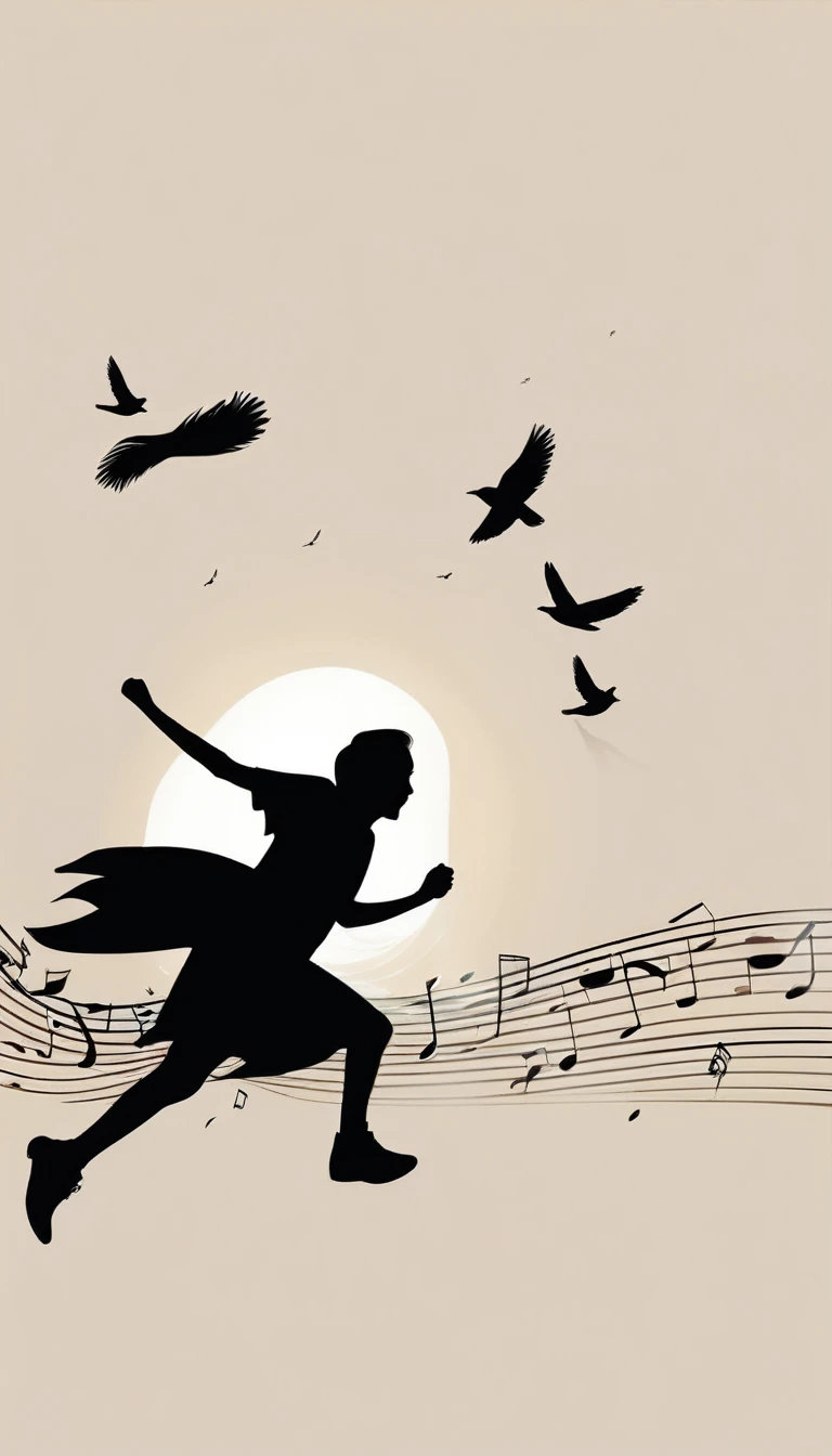 Create a modern, minimalistic logo design for a brand about music and movies called " Penamemoria". The logo must be in minimalistic style and convey a sense of storytelling, dreams and memories. The logo is the silhouette of a boy viewed from the back. The boy is running with open arms, happy and holding an acoustic guitar in the right hand and a bird feather in the left hand while running into the horizon.
