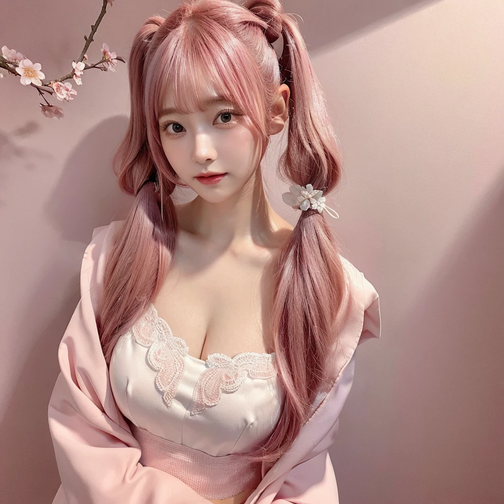 Shot with a top-of-the-line camera. highest quality, illustration, ultra-detailed, intricately detailed, high resolution, 8k, Slim and well-proportioned, cherry blossom pink hair in twin tails, very large breasts, fair skin. She is wearing a Japanese idol costume, She is in a magazine photoshoot studio. The background is a pink wall. cleavage between breasts