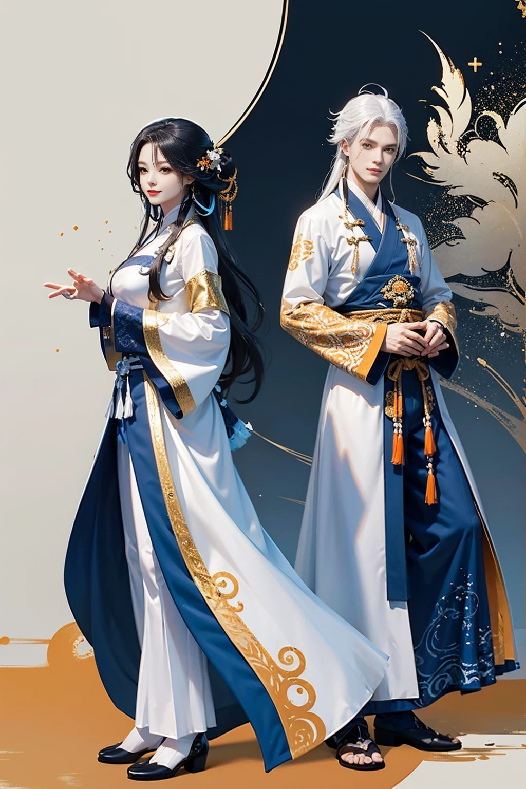 high quality , one white hair girl and one white hair boy, long hair, wuxia character, ((white clothes with blue and orange accent)), ink painting background, flat background, minimalist background, chinese wind pattern background, smiling, standing back to back