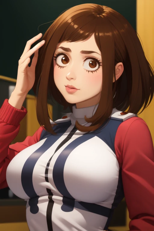 Ochako uraraka ((Pecho muy grandes)) Surrealism, 8k, super detail, anatomically correct, accurate, UHD, masterpiece, textured skin, super detail, high details, high quality, best quality, highres, con una tanga en la mano, fondo random, pose random, realistic busty ropa de ochako uraeaka