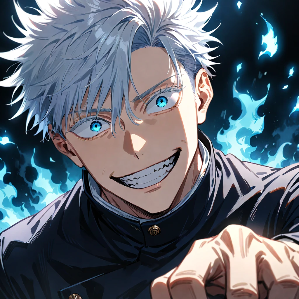 1boy, Gojo Satoru, Jujutsu Kaisen, center, grinning, white hair and blue eyes, black gakuran with white collar, background is blue fire, masterpiece, best quality, very aesthetic -12:5 -anime, ((medium quality)), ((medium quality))